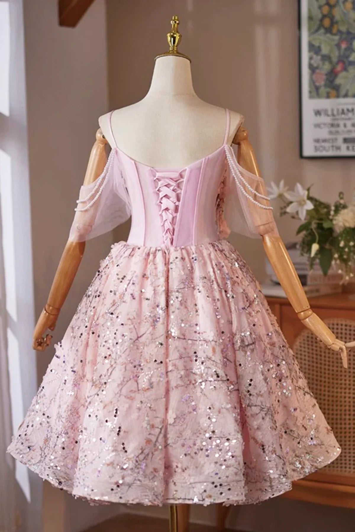 Pink Tulle Sequins Short Prom Dress Lovely Knee length A-Line Evening Party Dress Homecoming Dresses