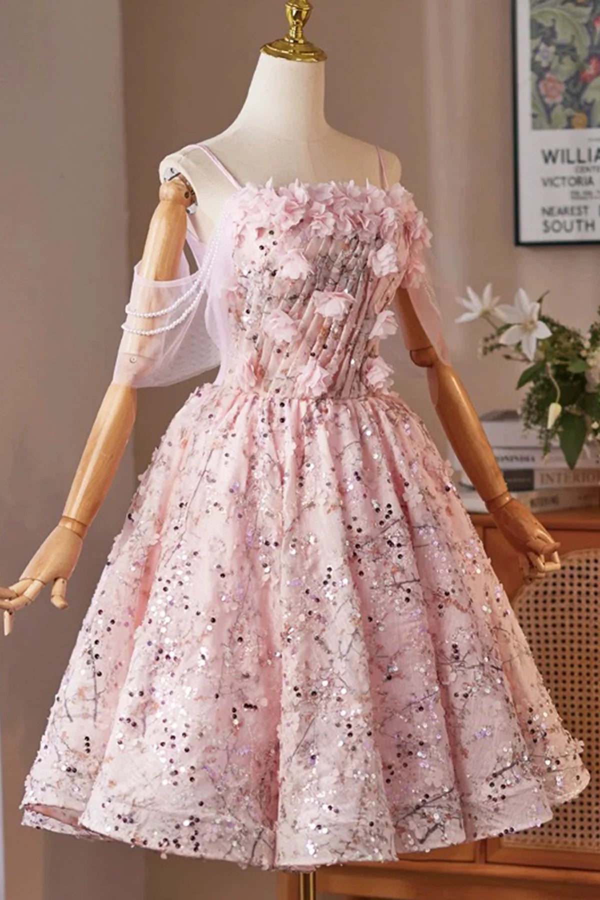Pink Tulle Sequins Short Prom Dress Lovely Knee length A-Line Evening Party Dress Homecoming Dresses