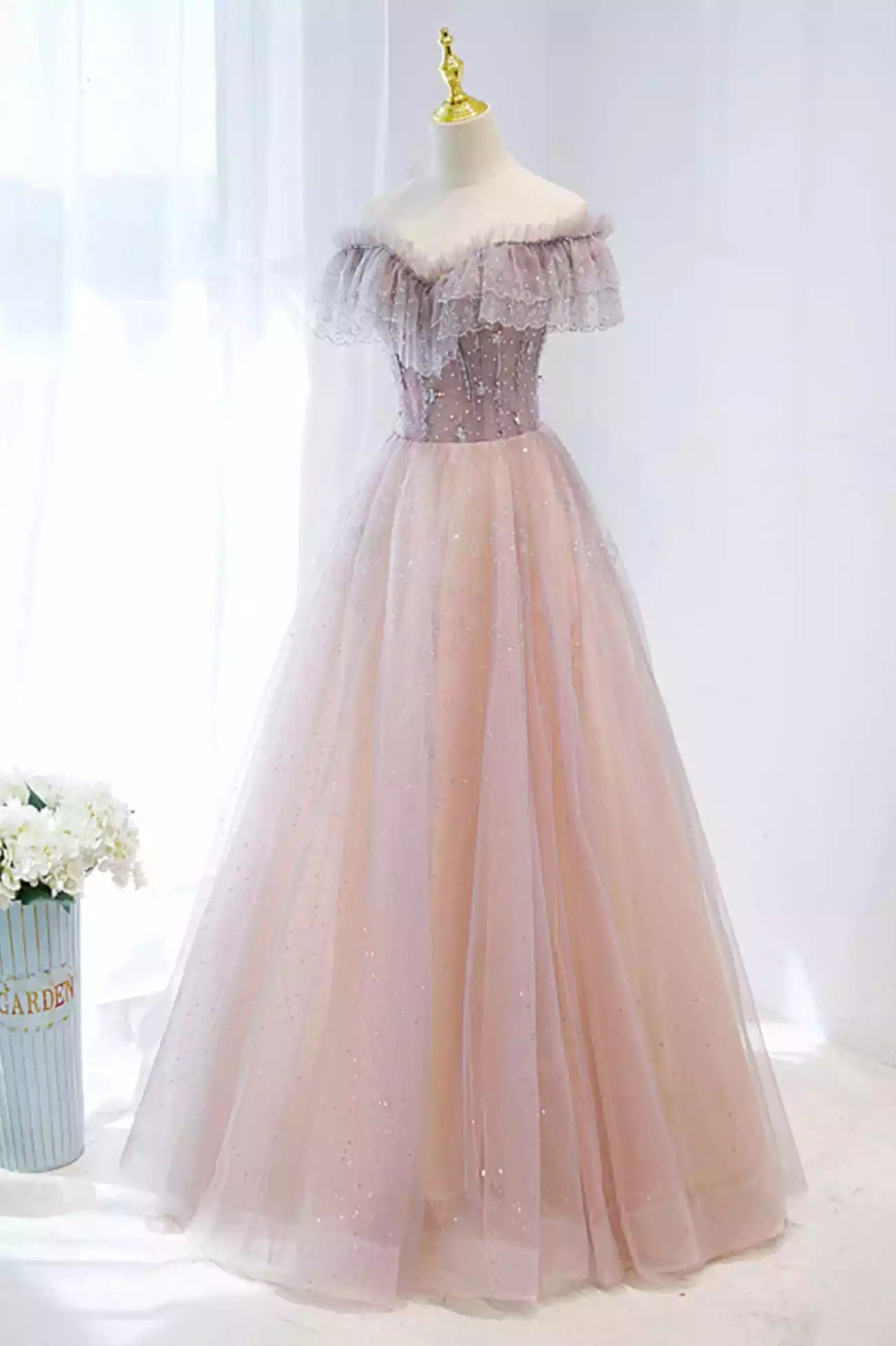 Pink V-Neck Pink Tulle Beaded Long Formal Dress Prom Dress