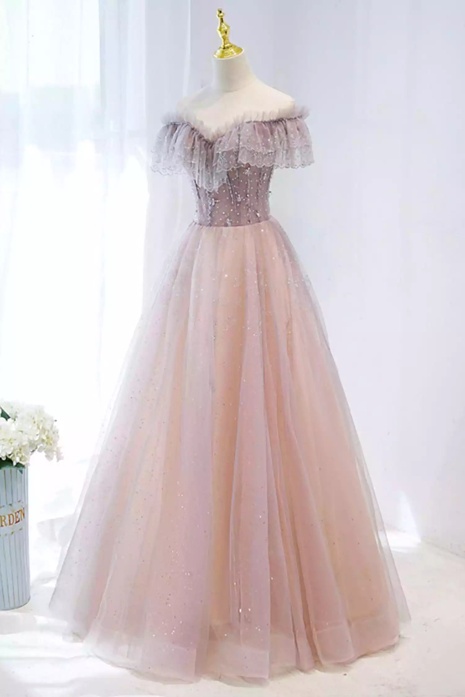Pink V-Neck Pink Tulle Beaded Long Formal Dress Prom Dress