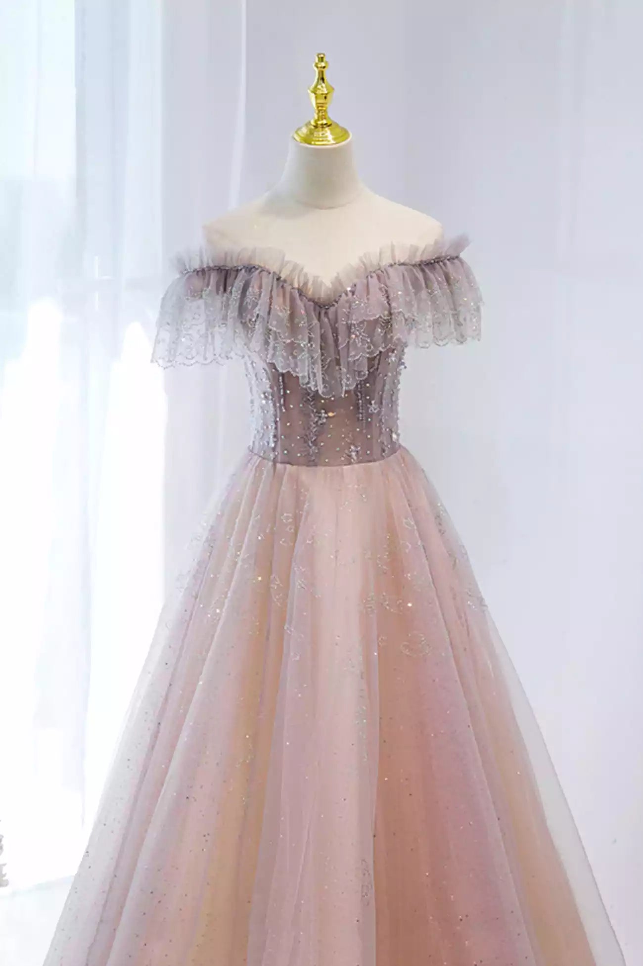 Pink V-Neck Pink Tulle Beaded Long Formal Dress Prom Dress