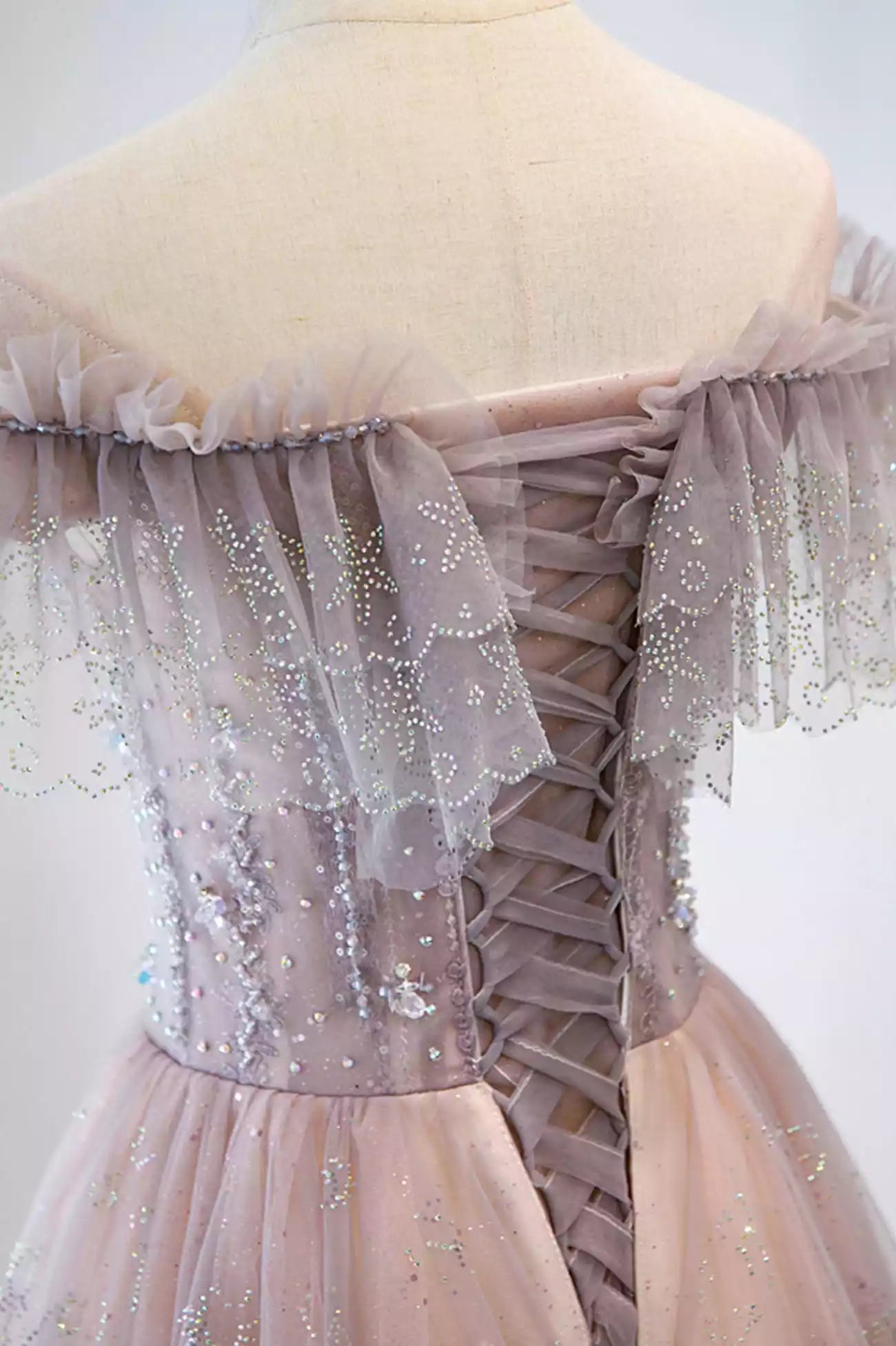 Pink V-Neck Pink Tulle Beaded Long Formal Dress Prom Dress