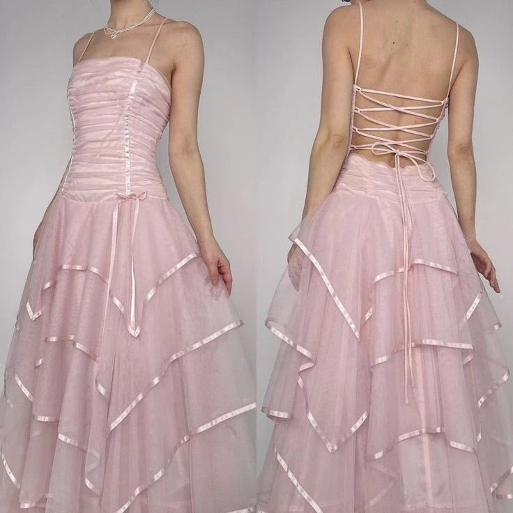 Pink Vintage A Line Spaghetti Straps Layered Tulle Sleeveless Off-the-shoulder Floor length Prom Dress Cocktail Dress Homecoming Dress Evening Dress