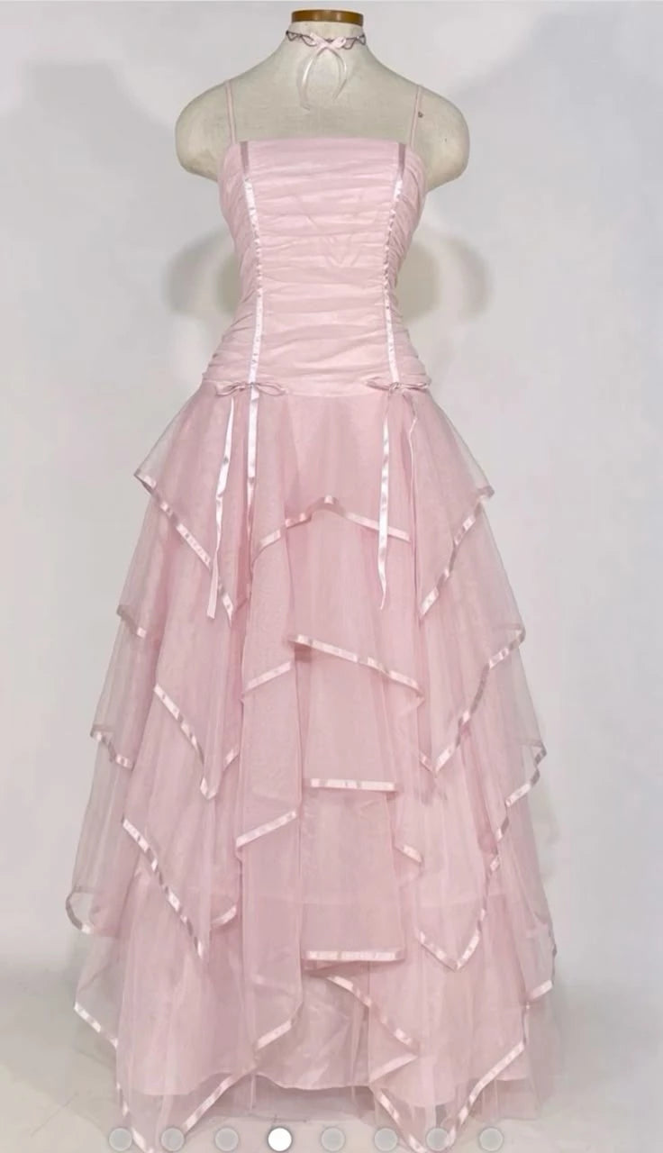 Pink Vintage A Line Spaghetti Straps Layered Tulle Sleeveless Off-the-shoulder Floor length Prom Dress Cocktail Dress Homecoming Dress Evening Dress