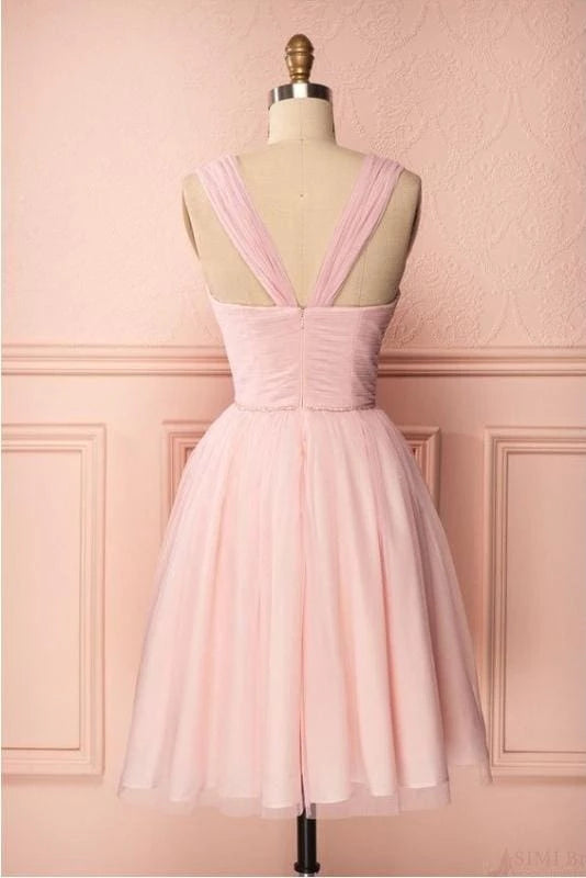 Pink Vintage Tulle Knee Length Straps Graduation Dresses Party Dresses Homecoming Dress