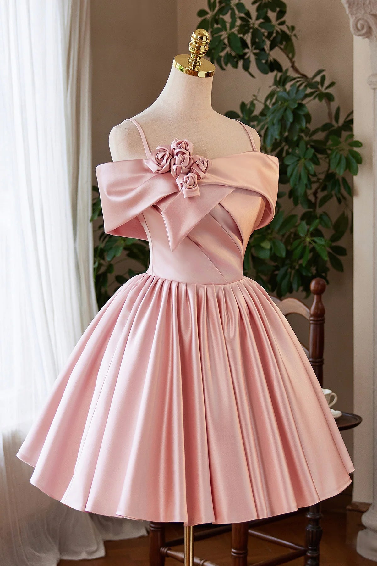 Pink Satin Short Prom Dress Knee length Lovely A-Line Off the Shoulder Party Homecoming Dress