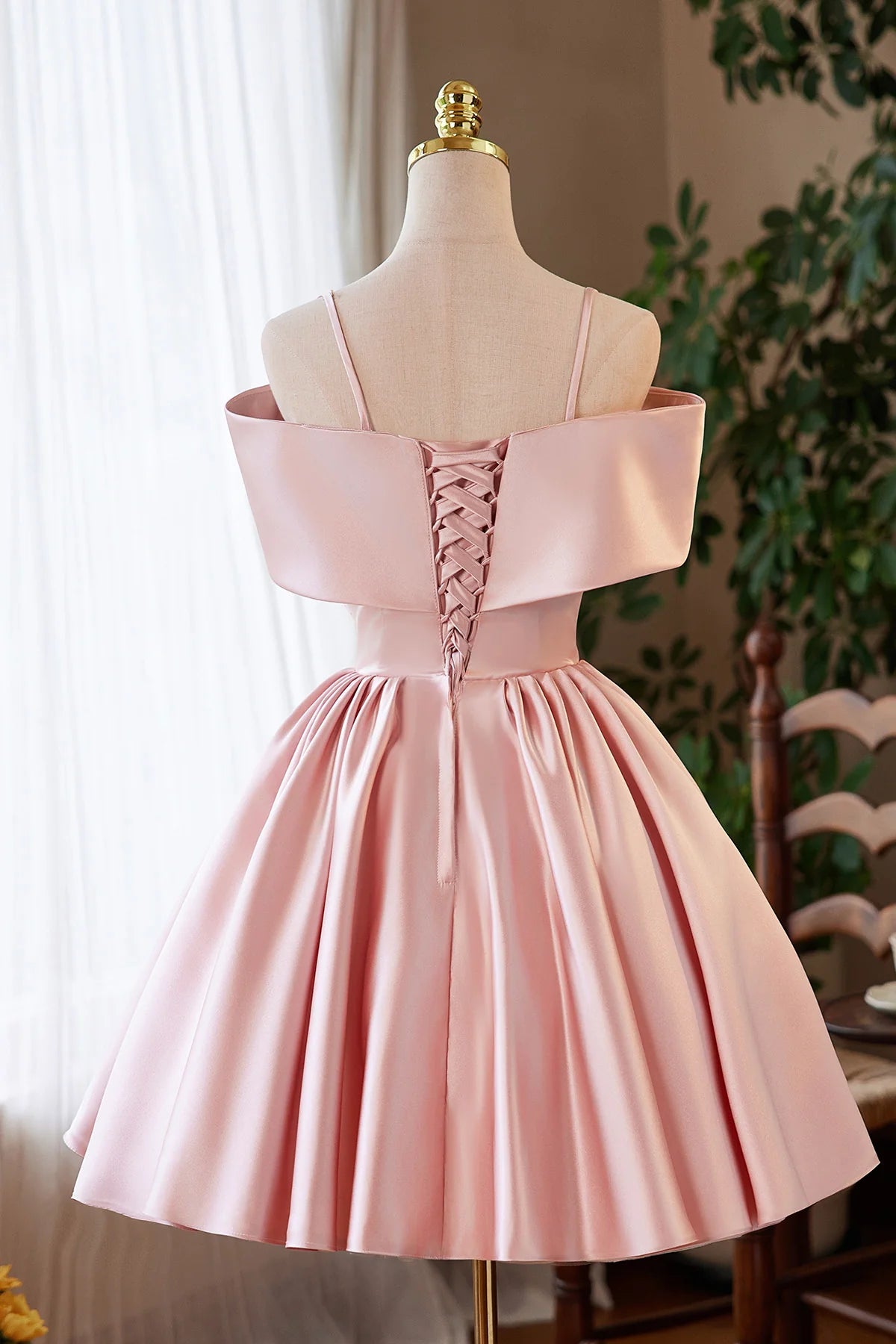 Pink Satin Short Prom Dress Knee length Lovely A-Line Off the Shoulder Party Homecoming Dress