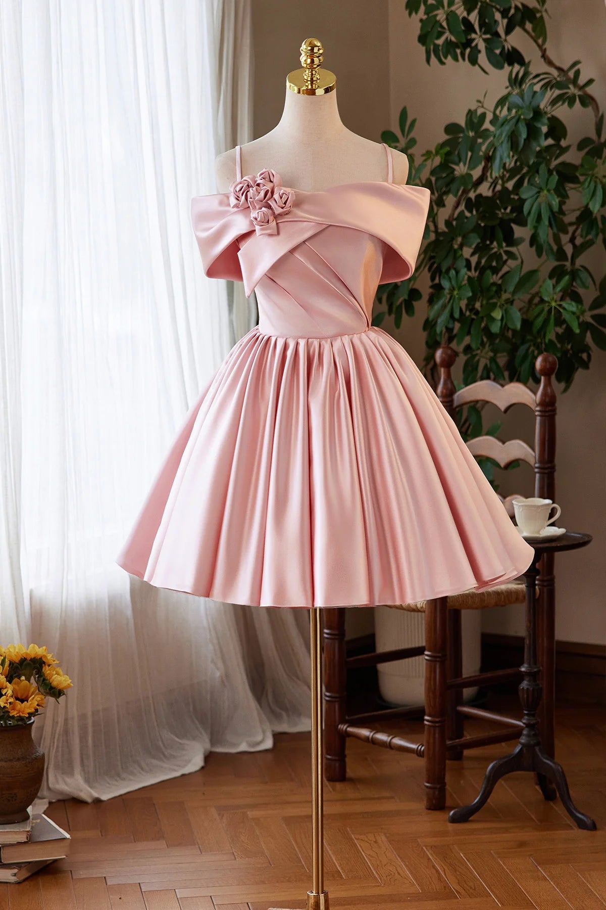 Pink Satin Short Prom Dress Knee length Lovely A-Line Off the Shoulder Party Homecoming Dress
