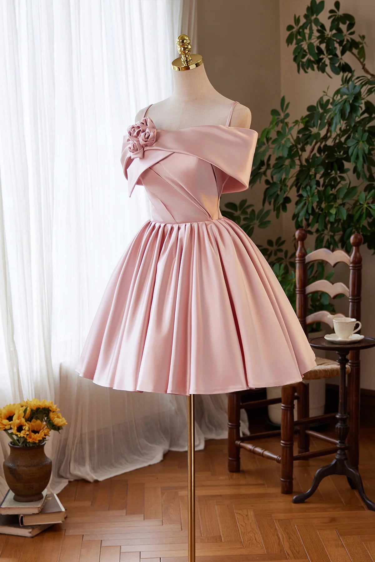 Pink Satin Short Prom Dress Knee length Lovely A-Line Off the Shoulder Party Homecoming Dress