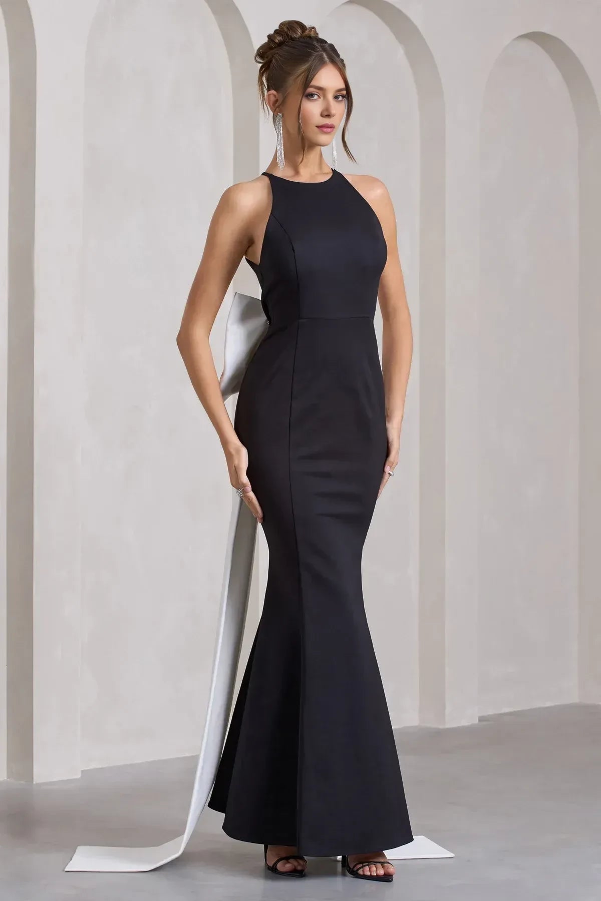 Playful Mermaid Halter Neck Sleeveless Bow Back Floor Length Evening Dress