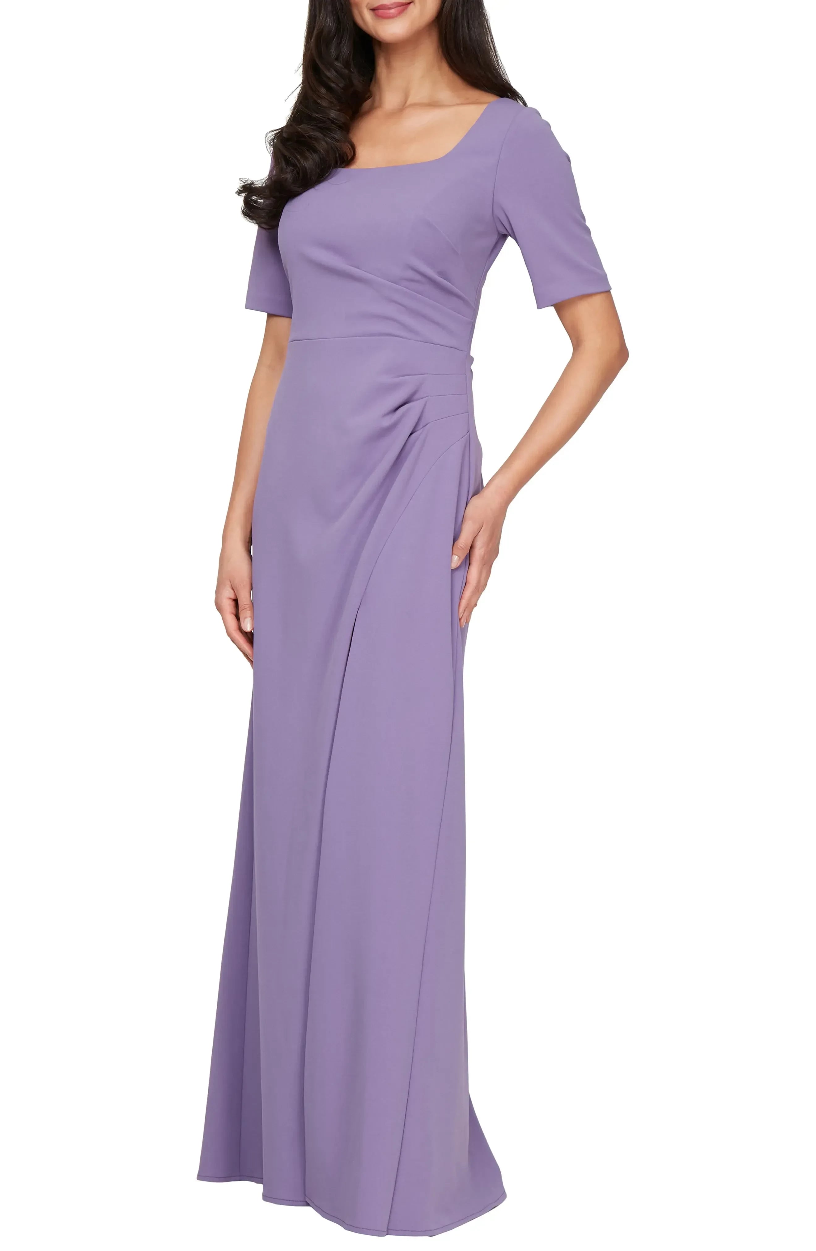 Pleasant A Line Square Neck Short Sleeve Zipper Back Floor Length Evening Dress