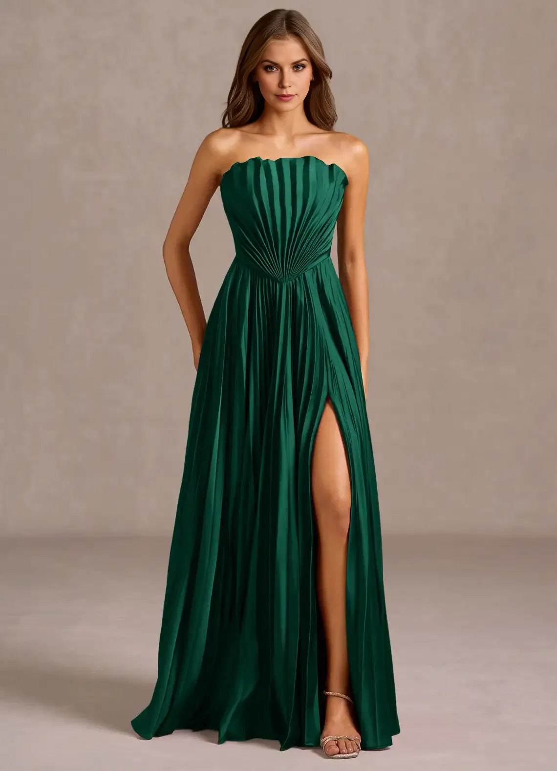 Pleated Bodice Strapless A Line Cut Out Back High Slit Floor Length Hot sale Prom Dress