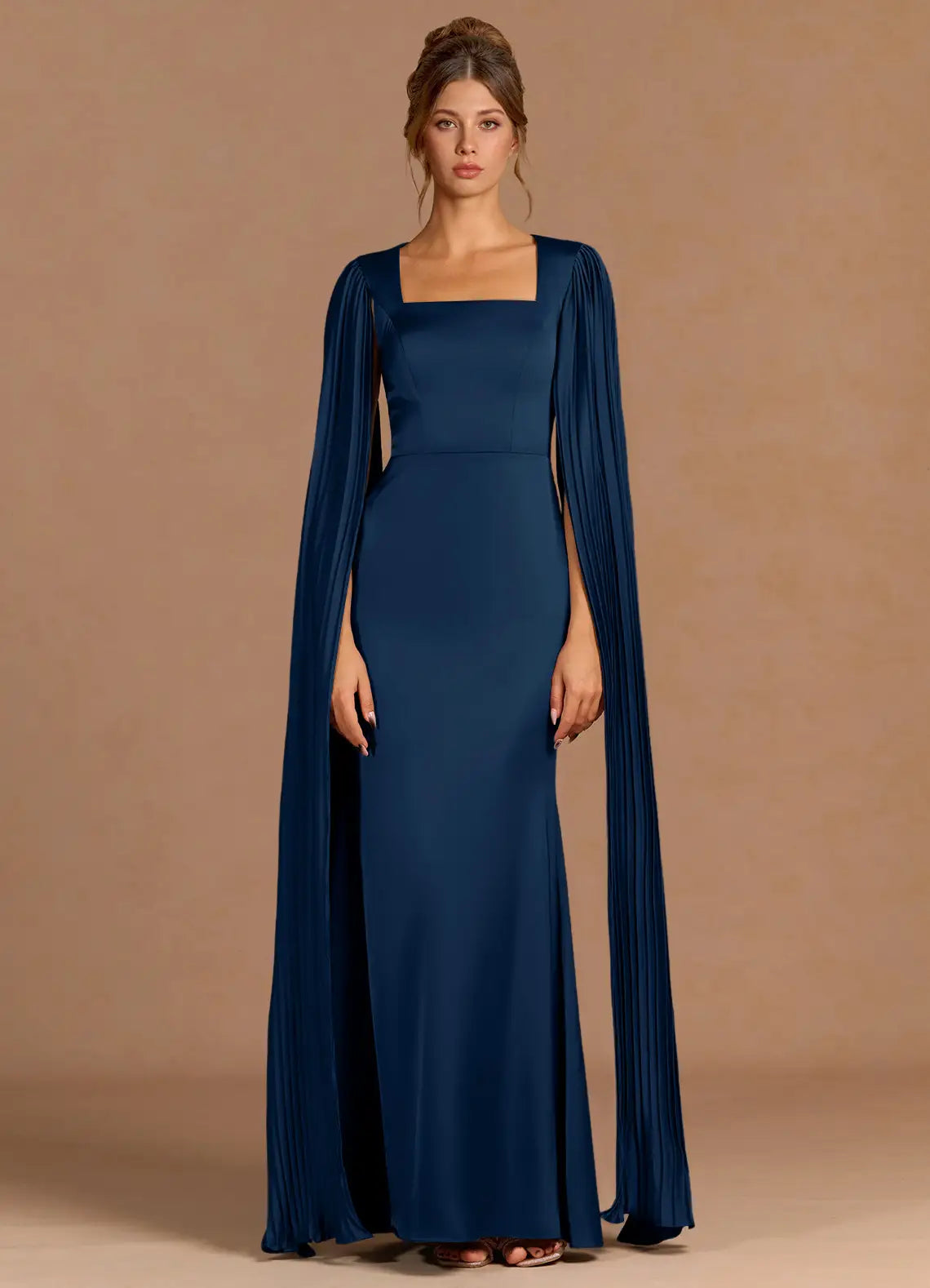 Pleated Capelet Square Neck Satin Mermaid Open Back Floor Length Female Prom Dress