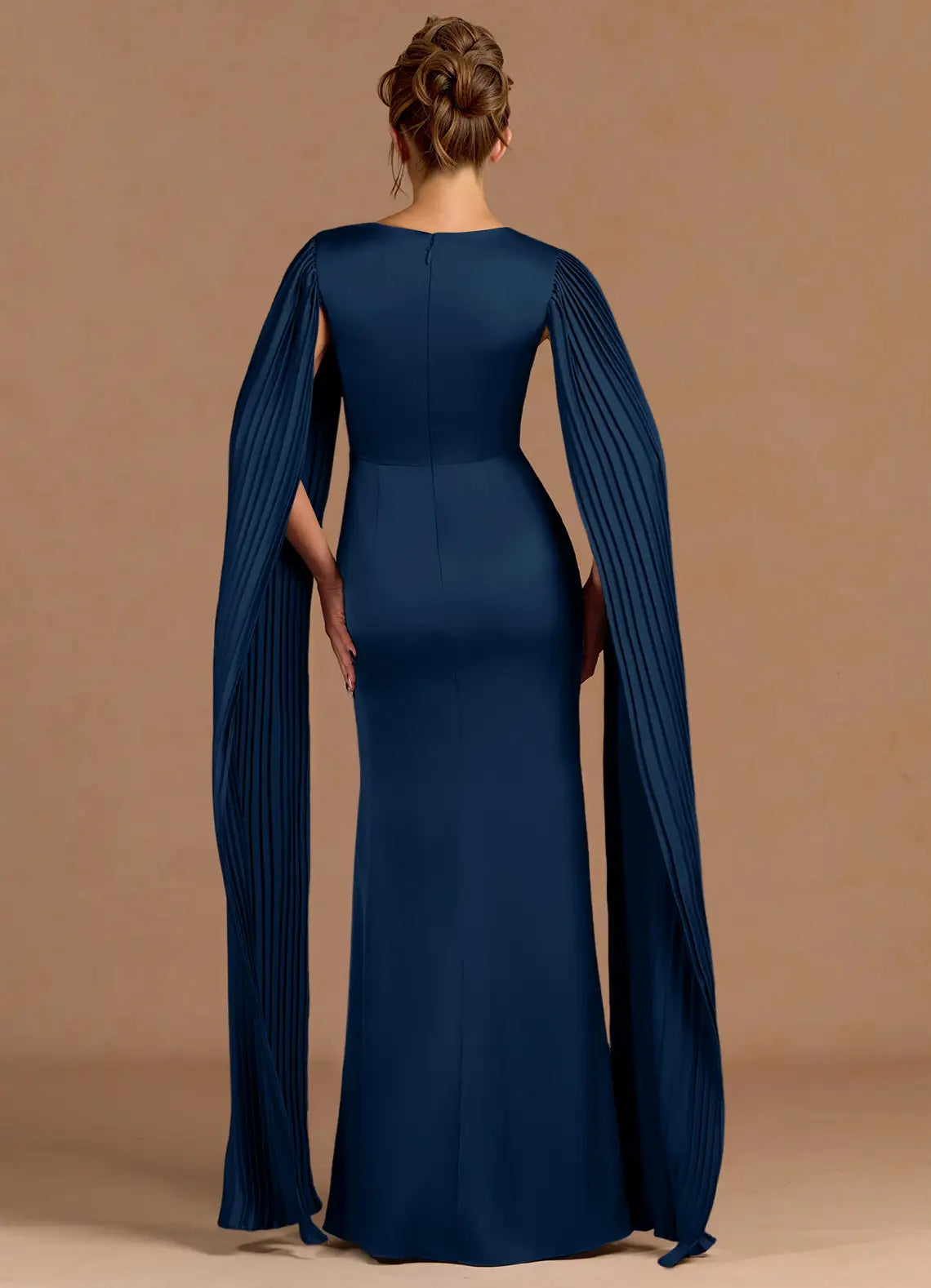 Pleated Capelet Square Neck Satin Mermaid Open Back Floor Length Female Prom Dress