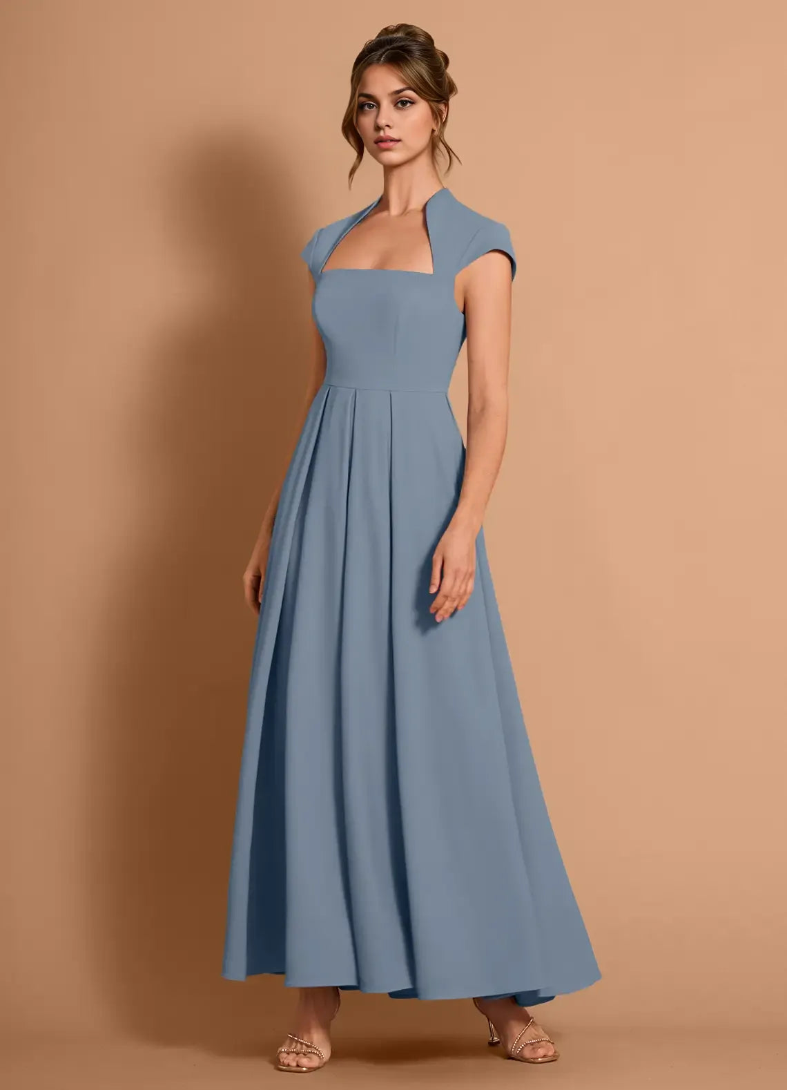 Pleated Fit and Flare Square Neck Cap Sleeve Zipper Back Floor Length Hot sale Prom Dress