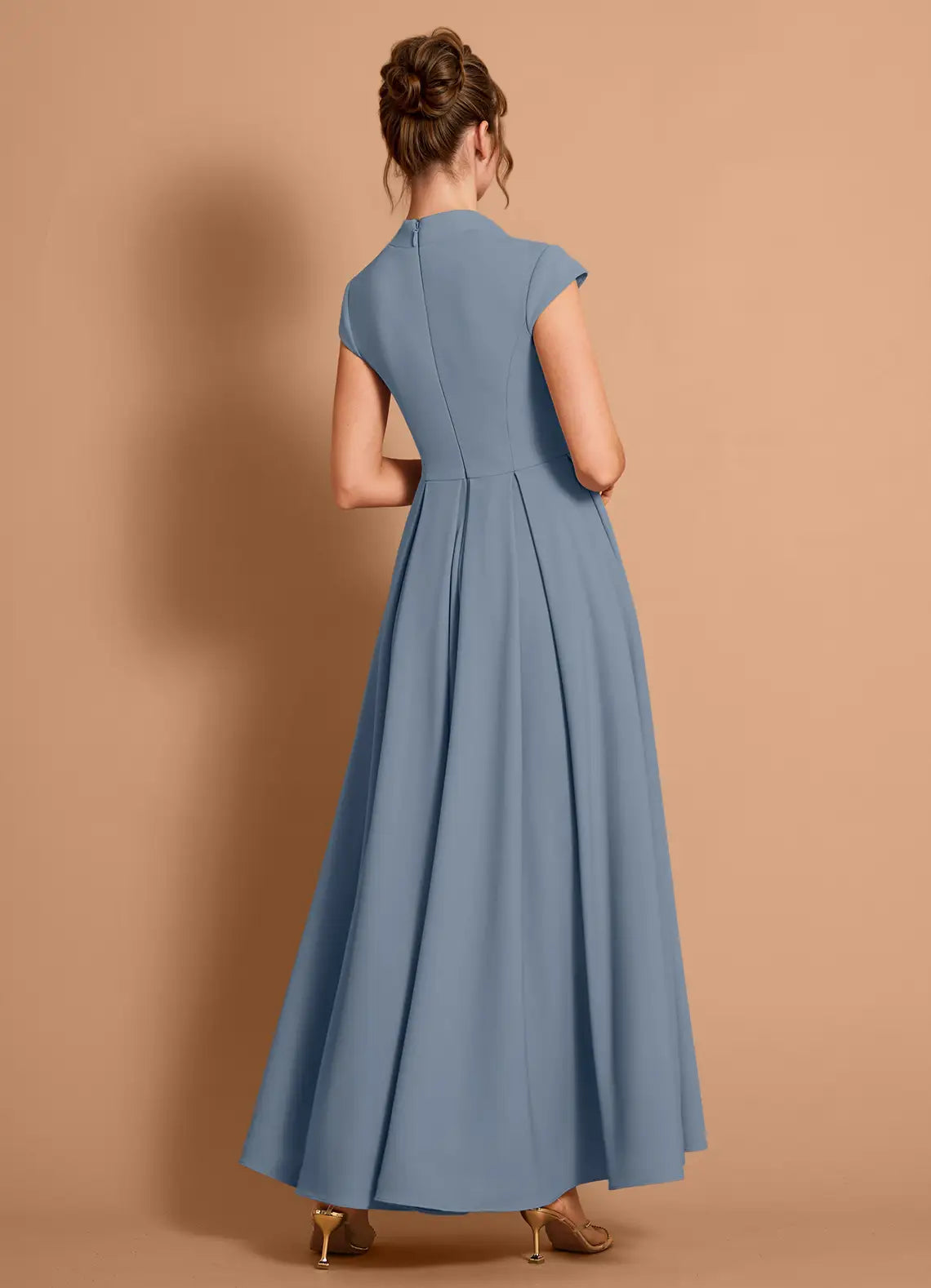 Pleated Fit and Flare Square Neck Cap Sleeve Zipper Back Floor Length Hot sale Prom Dress