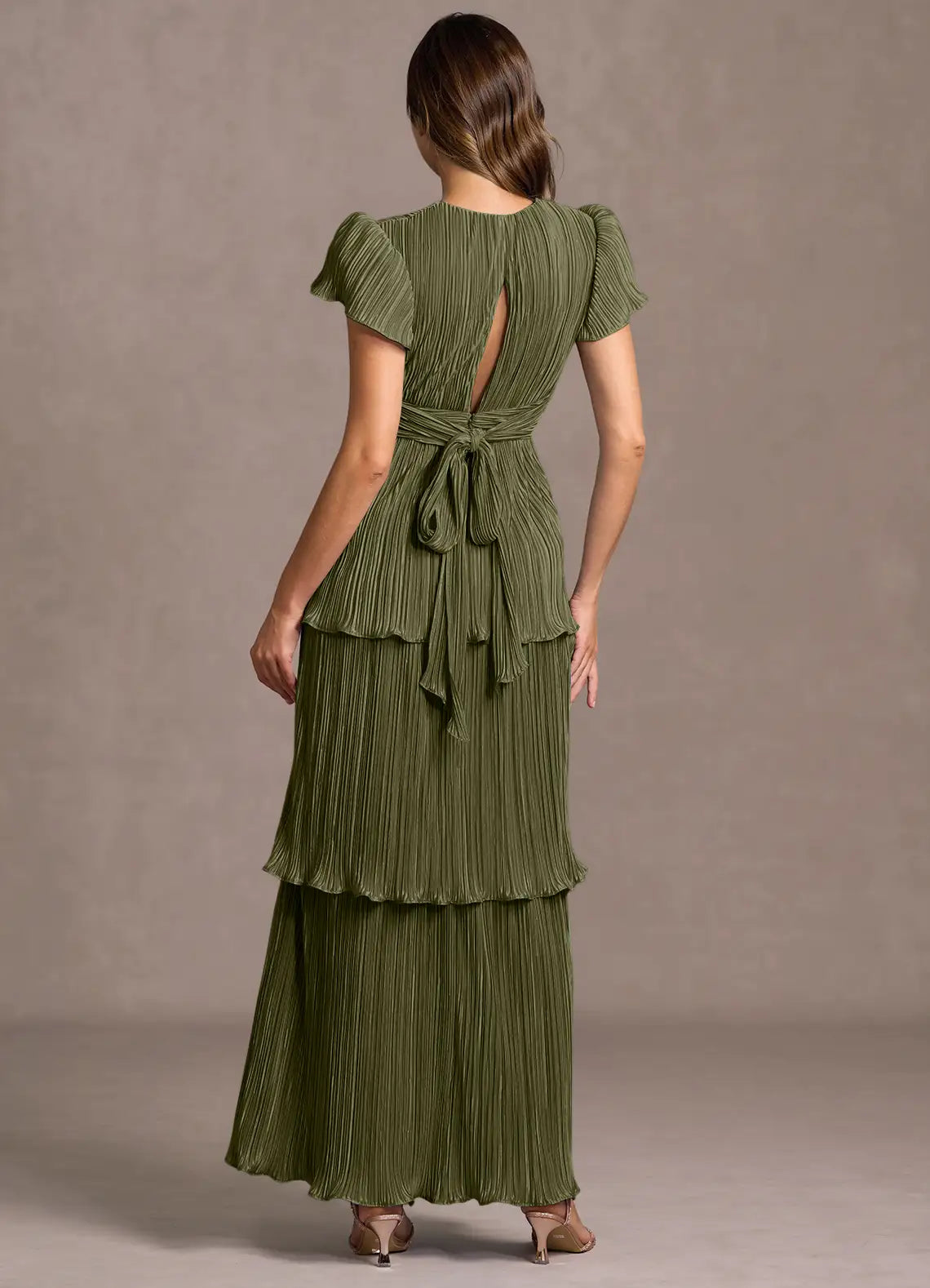 Pleated Layer Puff Sleeve A Line Keyhole Back Tie Waist Floor Length For Ladies Prom Dress