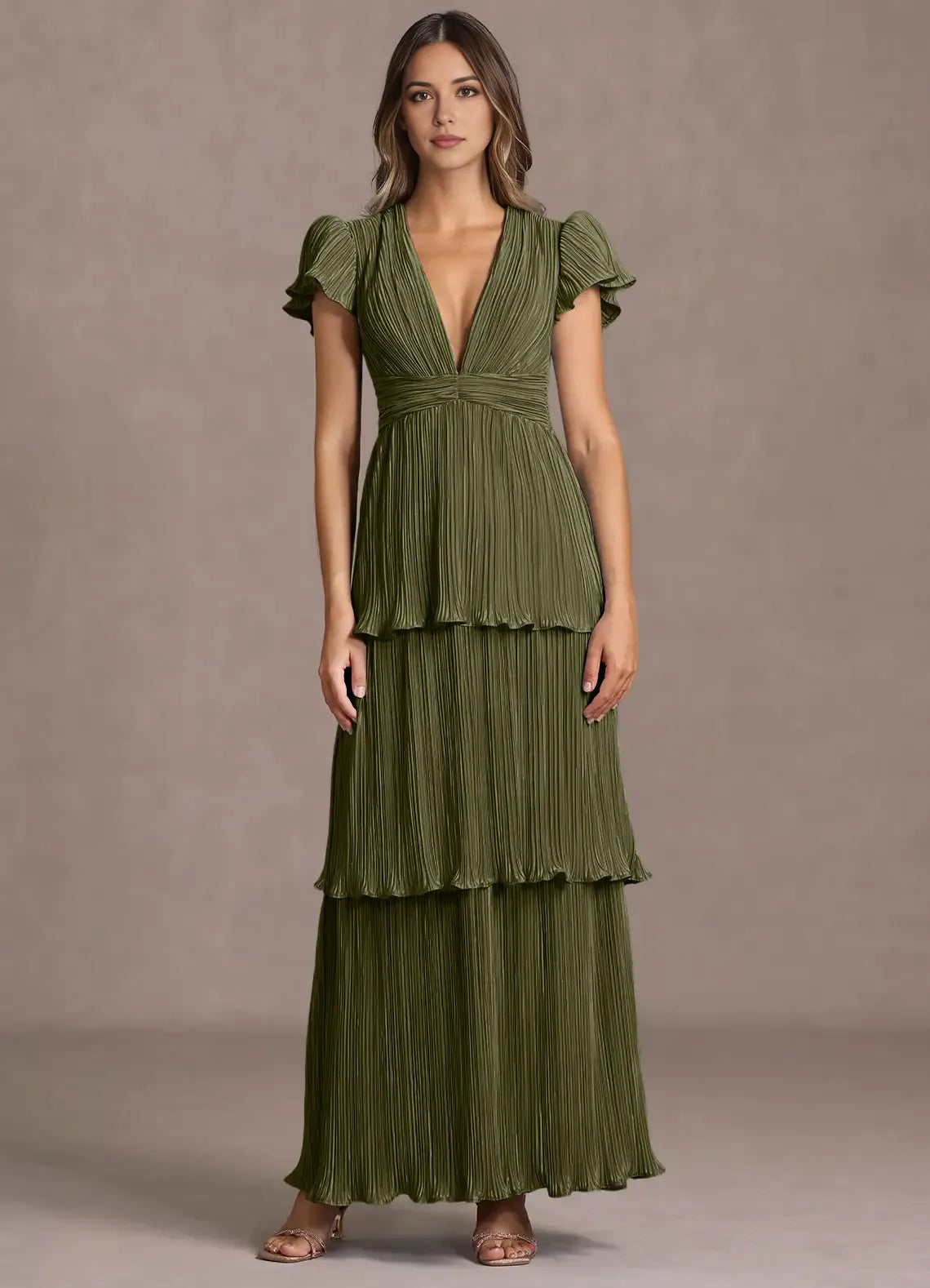 Pleated Layer Puff Sleeve A Line Keyhole Back Tie Waist Floor Length For Ladies Prom Dress