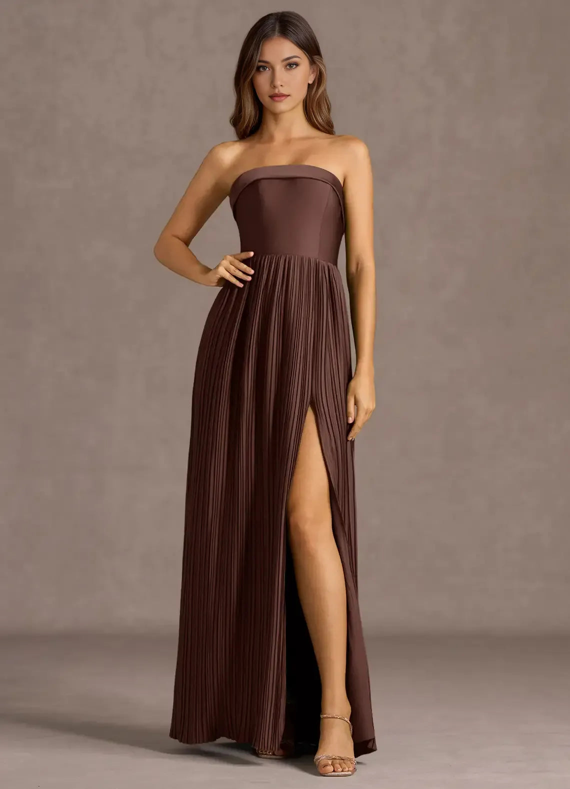 Pleated Skirt Bow Back Strapless Satin A Line High Slit Floor Length Hot Sale Prom Dress