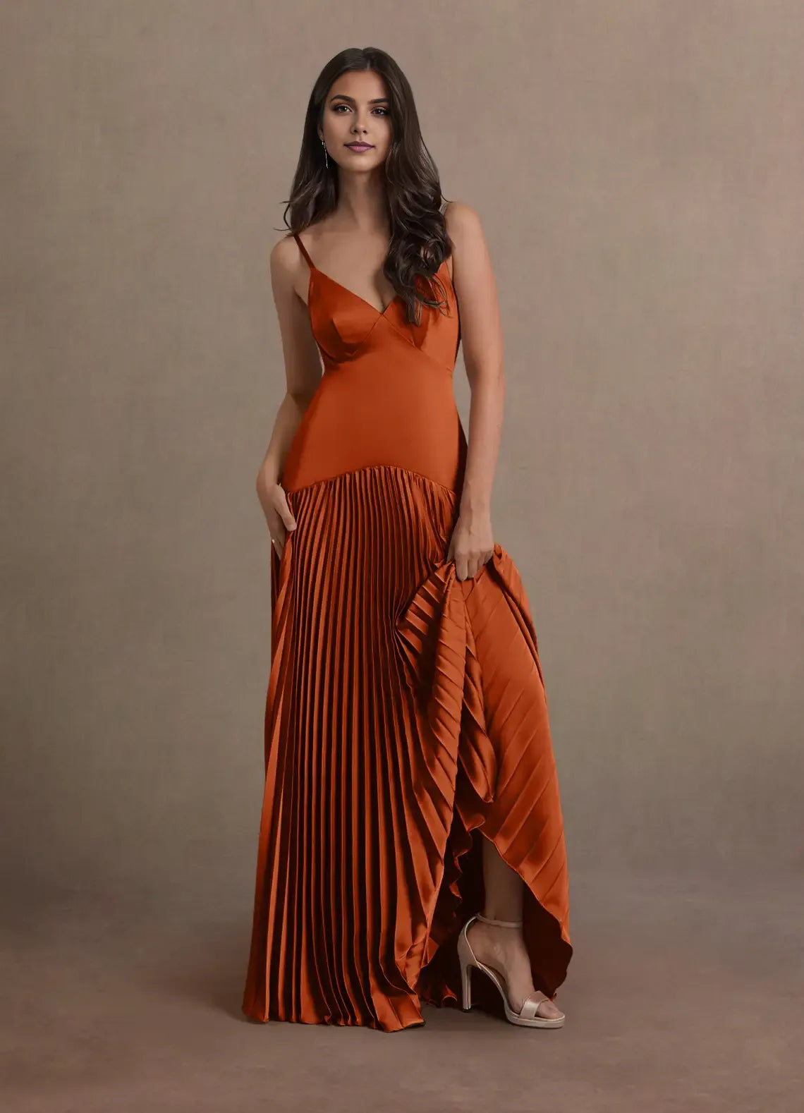 Pleated Skirt Spaghetti Strap Sheath V Neck Open Back Asymmetrical Hem Floor Length Hot sale Prom Dress