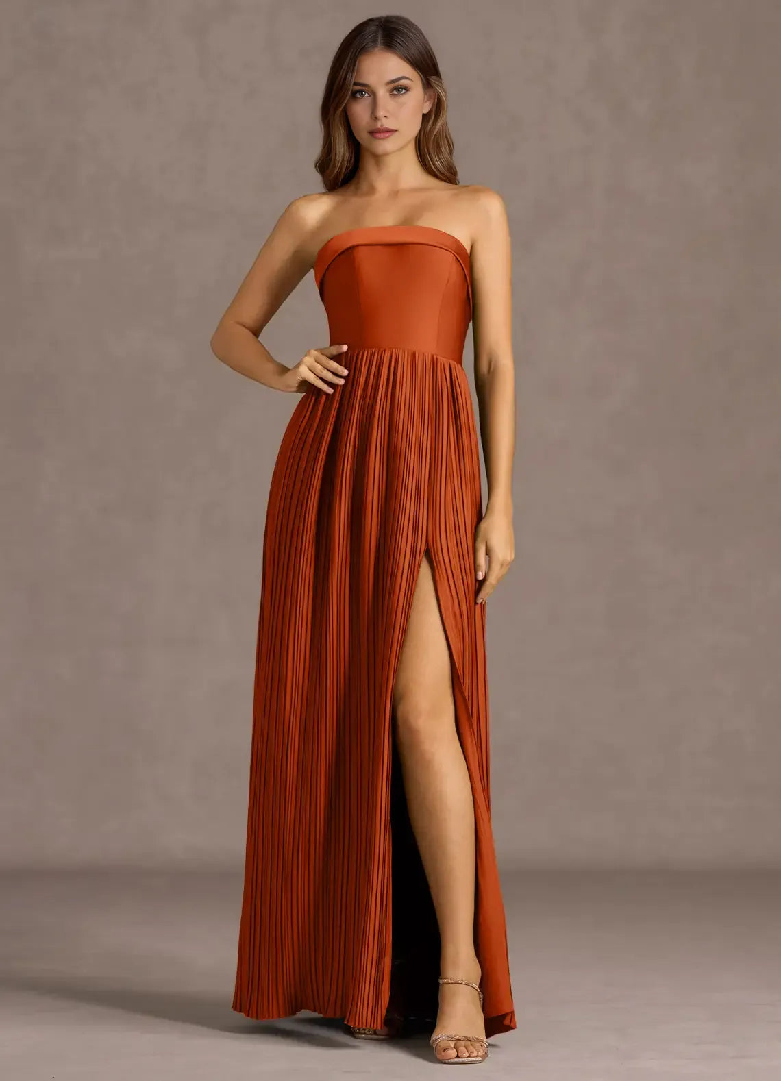 Pleated Skirt Strapless A Line Bow Back High Slit Floor Length Hot sale Prom Dress