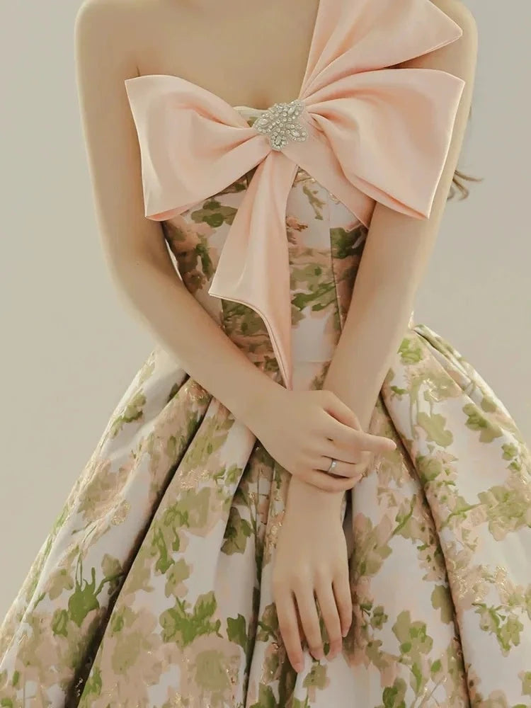 Pleated Princess Strapless Sleeveless Printed Floral Evening Dresses with Bow Jewel Appliques