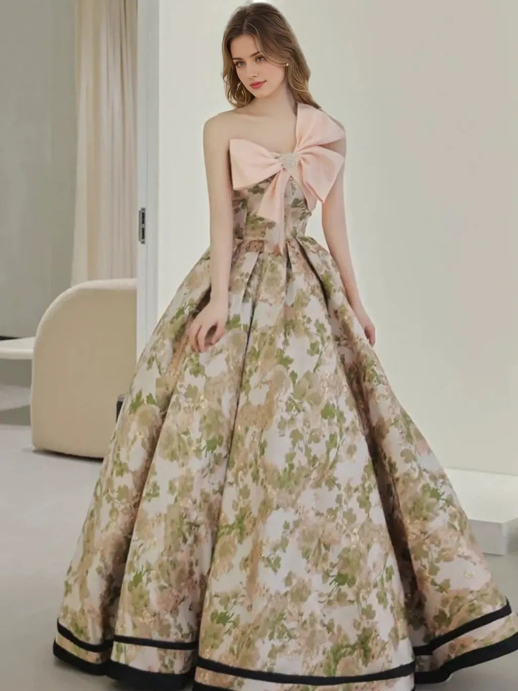 Pleated Princess Strapless Sleeveless Printed Floral Evening Dresses with Bow Jewel Appliques