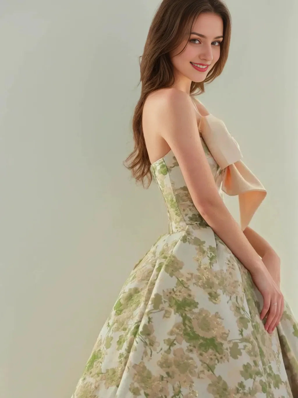 Pleated Princess Strapless Sleeveless Printed Floral Evening Dresses with Bow Jewel Appliques