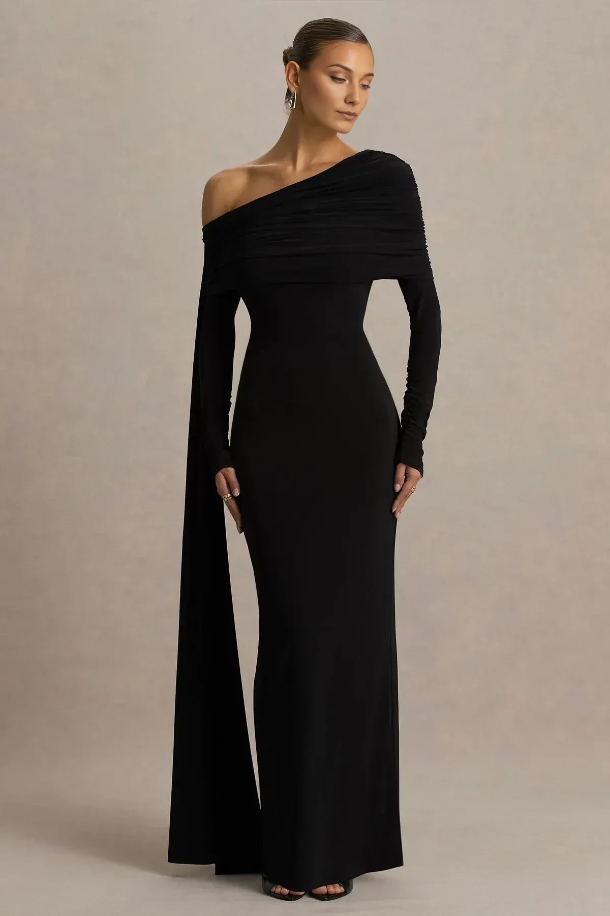 Polished Mermaid One Shoulder Draped Sleeve Zip Back Floor Length Evening Dress