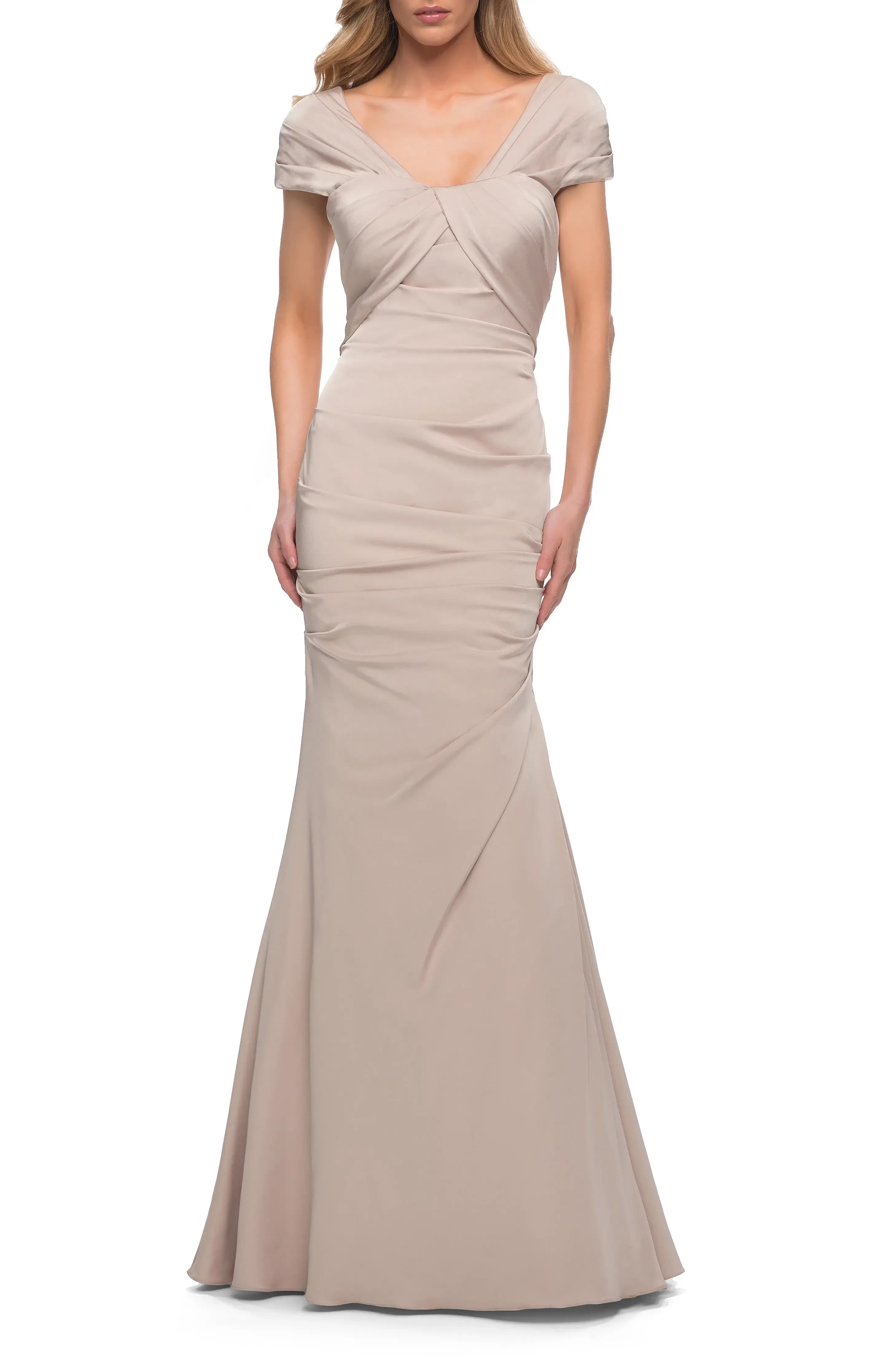Polished Mermaid V Neck Cap Sleeve Ruched Back Floor Length Evening Dress