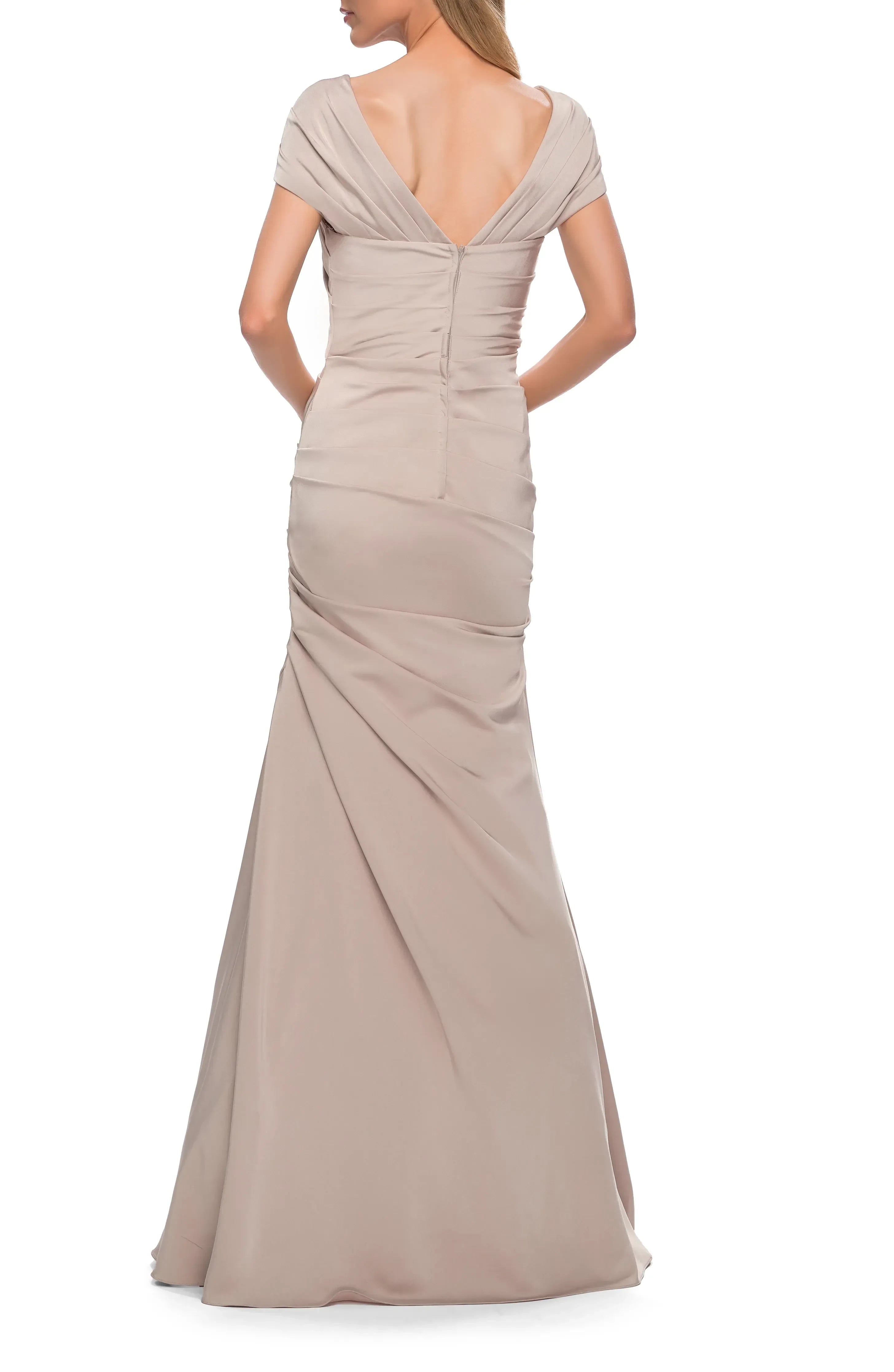 Polished Mermaid V Neck Cap Sleeve Ruched Back Floor Length Evening Dress