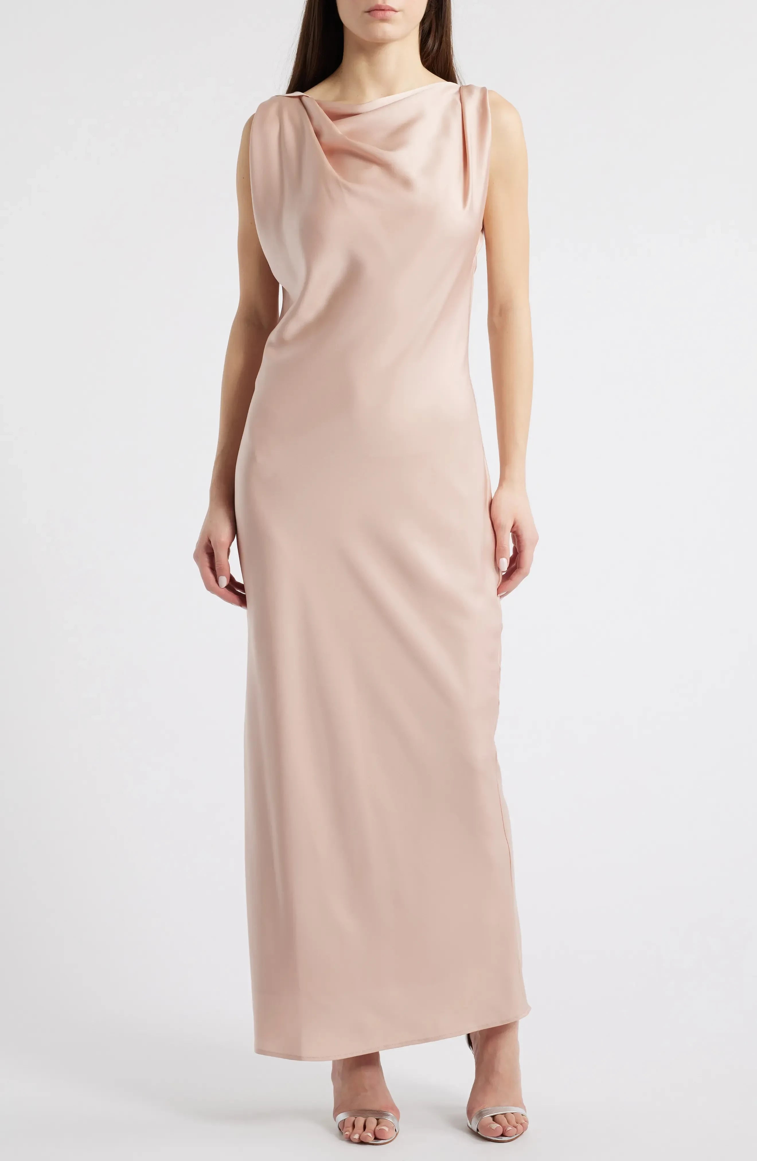 Polished Sheath Cowl Neck Sleeveless Plain Back Floor Length Evening Dress