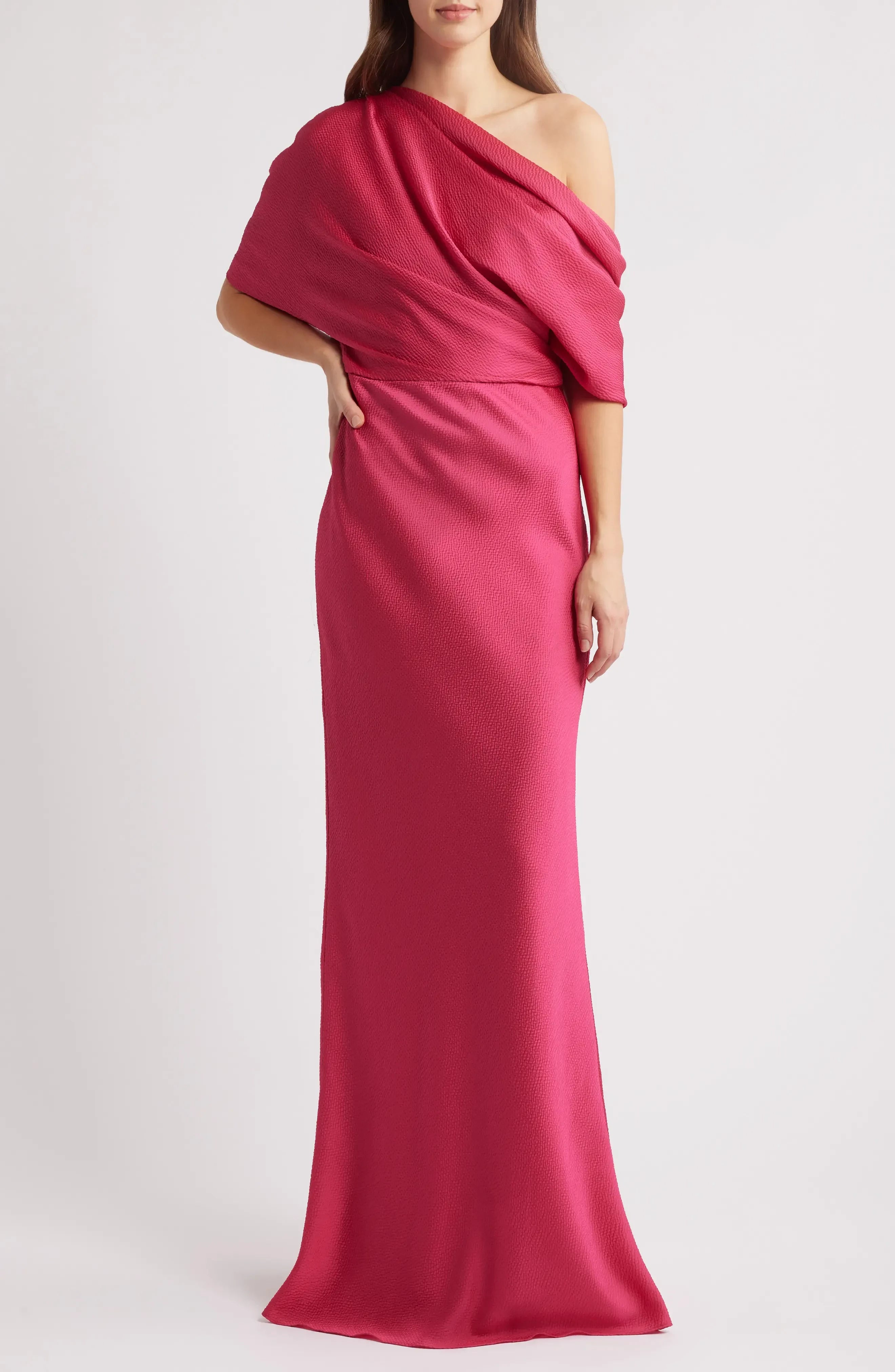 Polished Sheath One Shoulder Short Sleeve Draped Back Floor Length Evening Dress