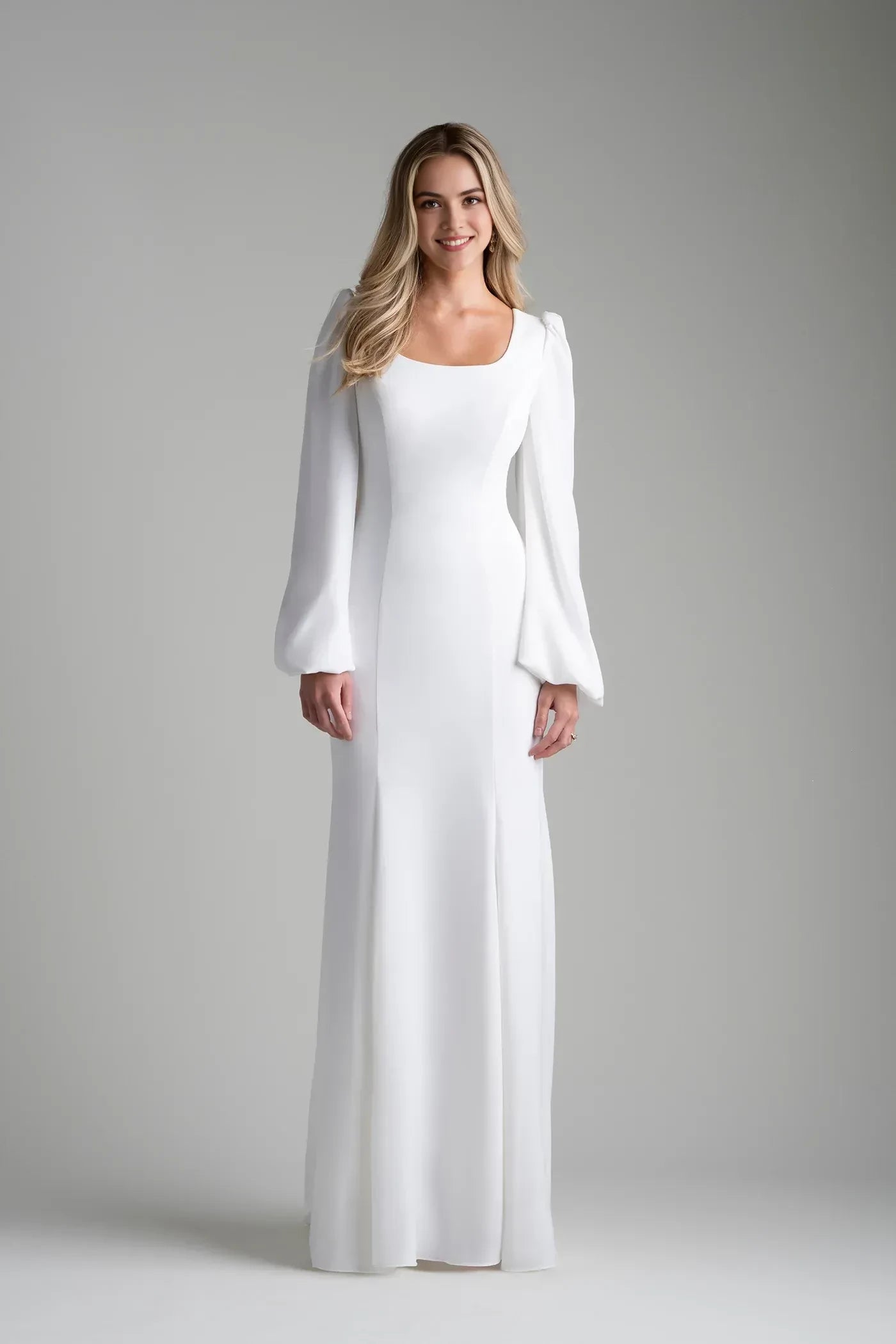 Polished Trumpet Square Neck Bishop Sleeve Button Back Floor Length Wedding Dress