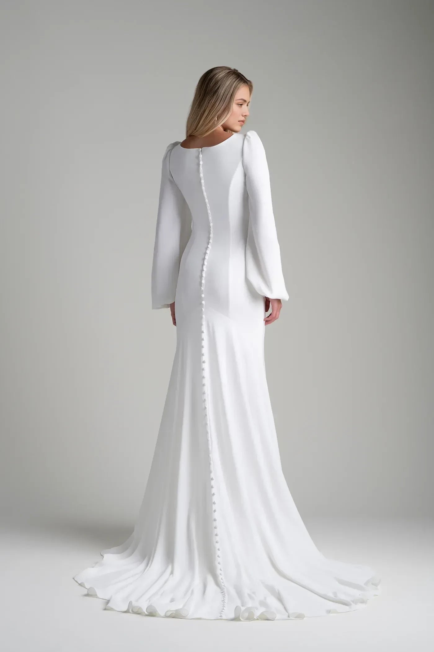 Polished Trumpet Square Neck Bishop Sleeve Button Back Floor Length Wedding Dress