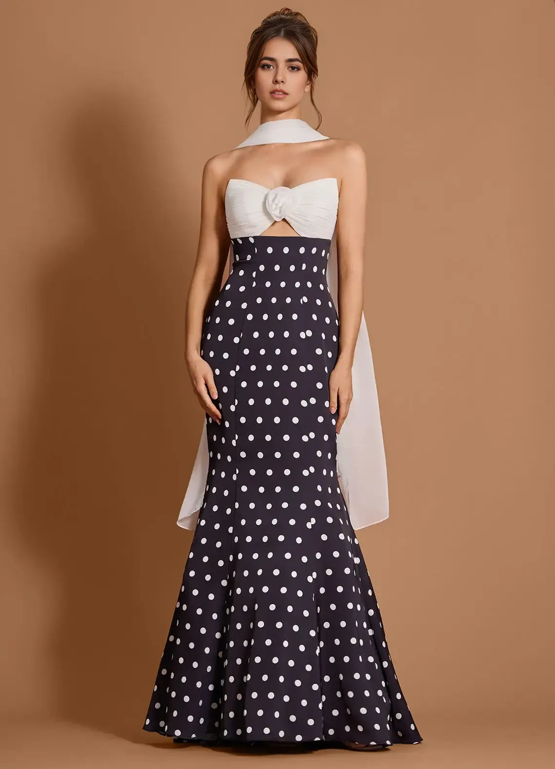 Polka Dot Mermaid Strapless Sleeveless Scarf Back Floor Length For Ladies Prom Dress