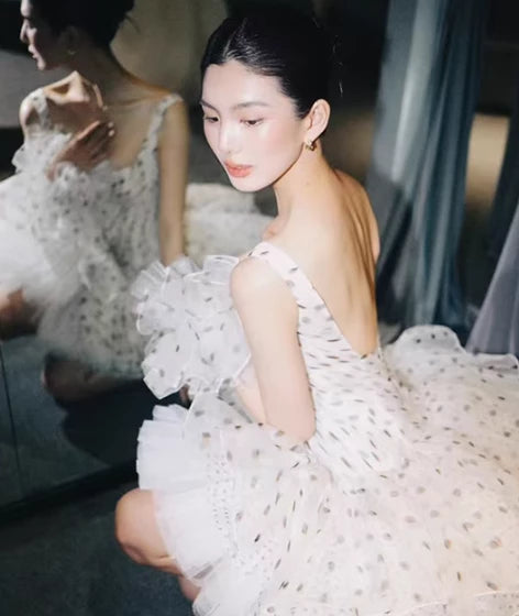 Polka Dot A Line Straps Pleated Chiffon Tulle Sleeveless Short Prom Dress Cocktail Dress Homecoming Dress Evening Dress