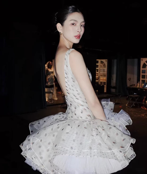 Polka Dot A Line Straps Pleated Chiffon Tulle Sleeveless Short Prom Dress Cocktail Dress Homecoming Dress Evening Dress