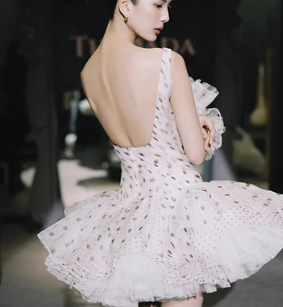 Polka Dot A Line Straps Pleated Chiffon Tulle Sleeveless Short Prom Dress Cocktail Dress Homecoming Dress Evening Dress