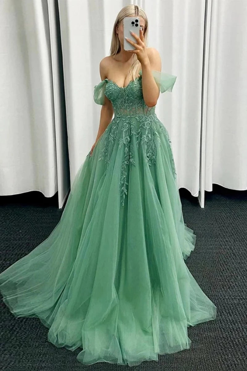 Poofy Off the Shoulder Sleeveless Mint Green Tulle Lace with Appliques Party Dresses Homecoming Dress Prom Dress