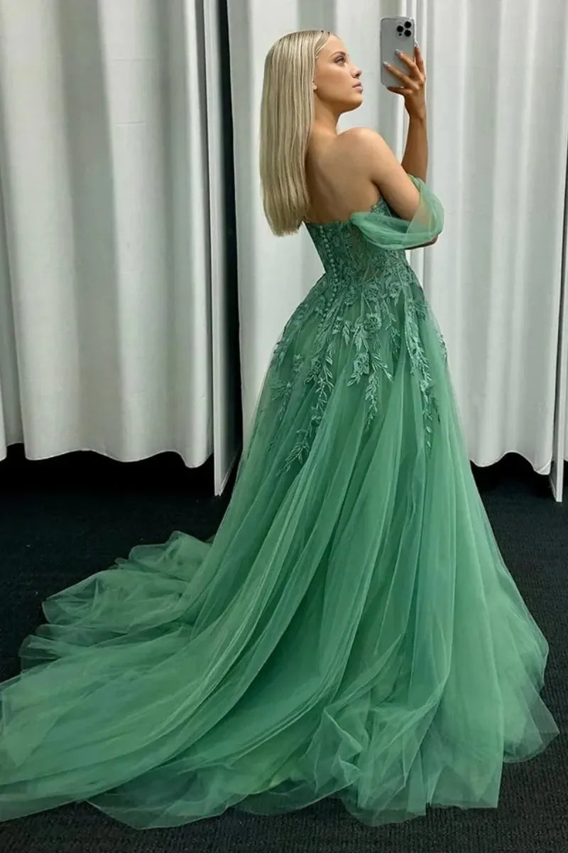 Poofy Off the Shoulder Sleeveless Mint Green Tulle Lace with Appliques Party Dresses Homecoming Dress Prom Dress
