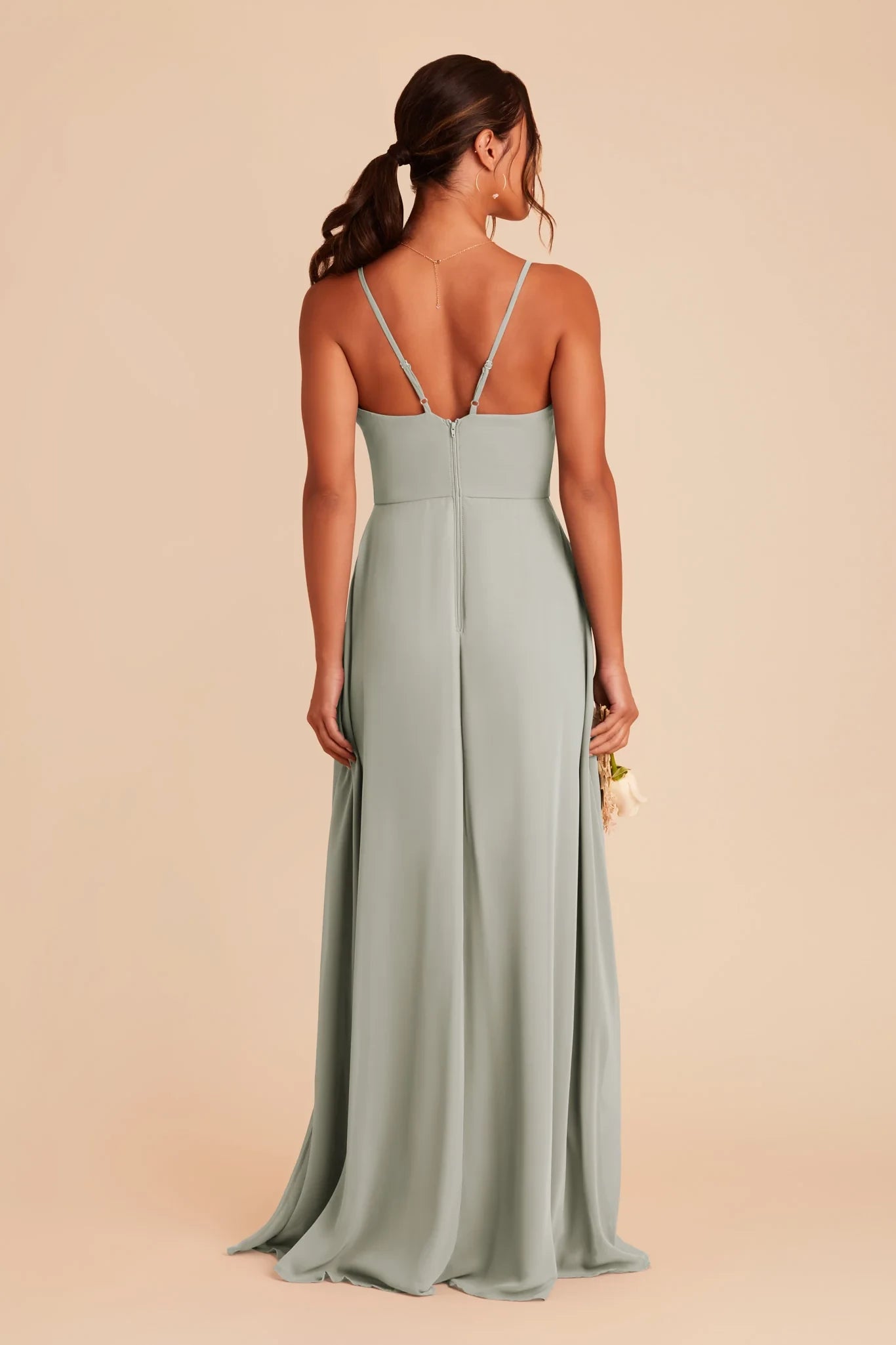 Pretty A Line V Neck Spaghetti Strap Open Back Floor Length Bridesmaid Dress