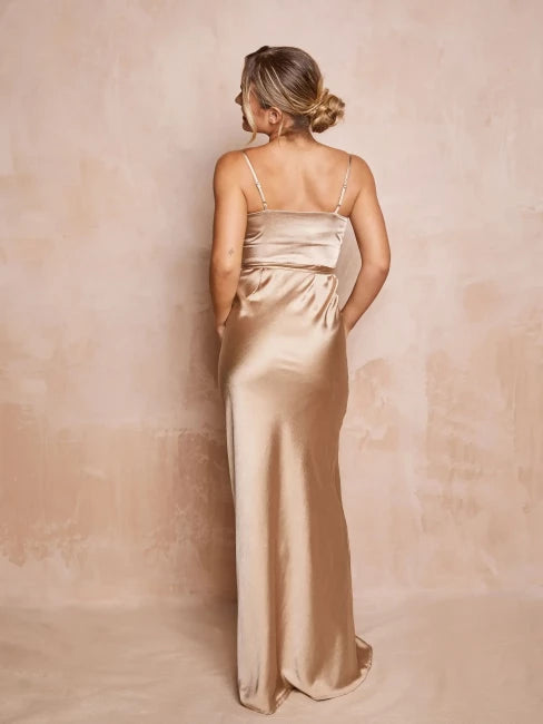 Pretty Sheath Cowl Neck Spaghetti Strap Tie Back Floor Length Bridesmaid Dress