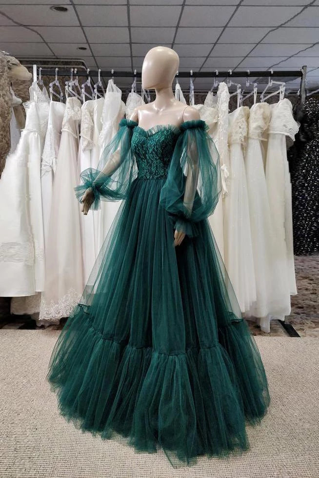 Pretty Green Lace Puff Long Sleeves Off The Shoulder Lace Appliques Tulle Ball Gown Evening Dress Party Dresses Prom Dress