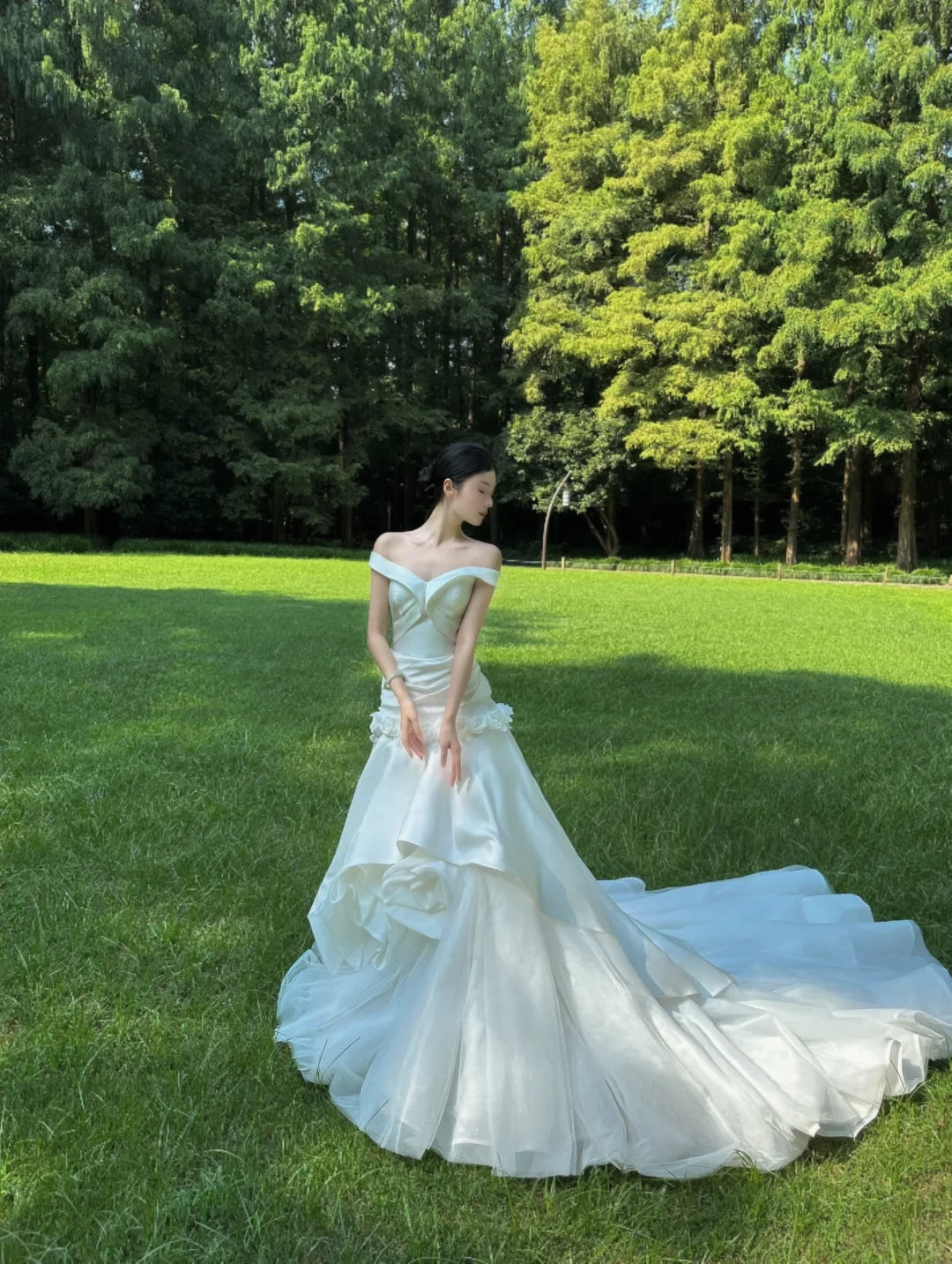 Pretty Mermaid White Floral Satin Tulle Long Floor length Off-the-shoulder Sleeveless Prom Dress Cocktail Dress Homecoming Dress Evening Dress Party Dress Wedding Dresses