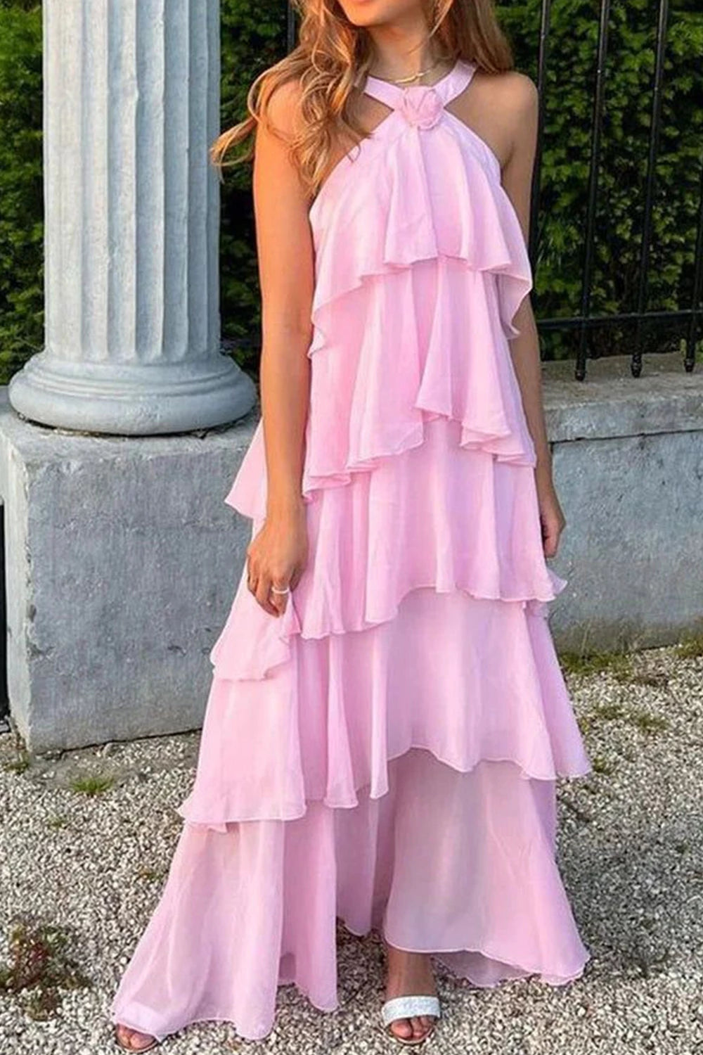Princess A Line Halter Neck Pink Chiffon Long Floor Length Evening Dress Party Dresses Prom Dress