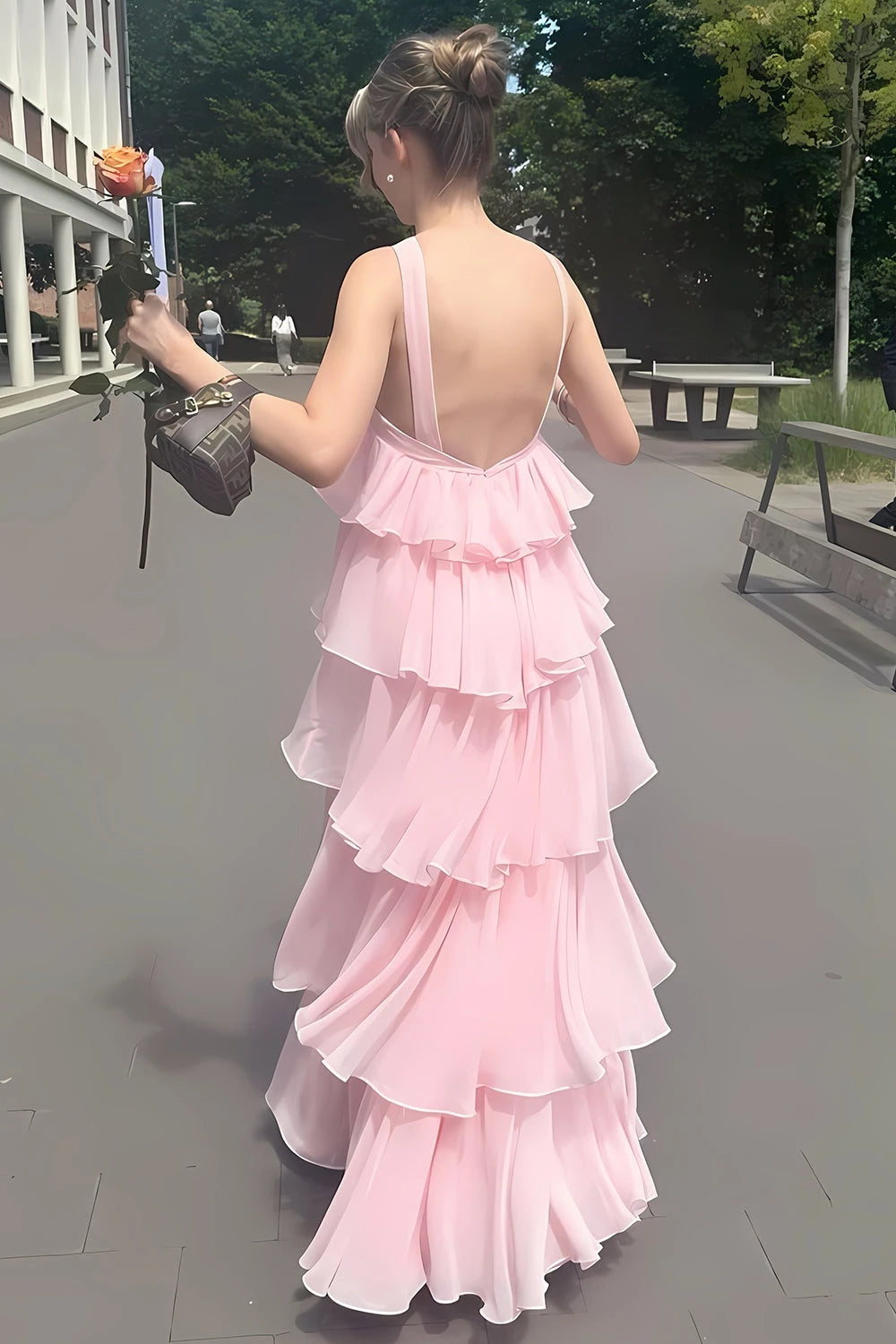 Princess A Line Halter Neck Pink Chiffon Long Floor Length Evening Dress Party Dresses Prom Dress