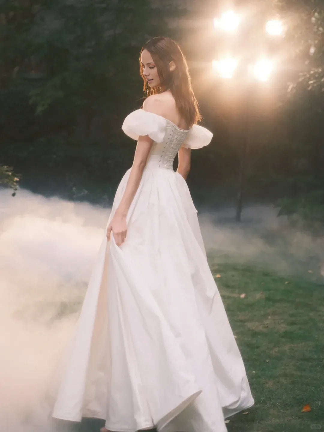 Princess A Line Puff White Appliques Satin Off-the-shoulder Long Back strap Floor length Prom Dress Cocktail Dress Homecoming Dress Evening Dress Party Dress