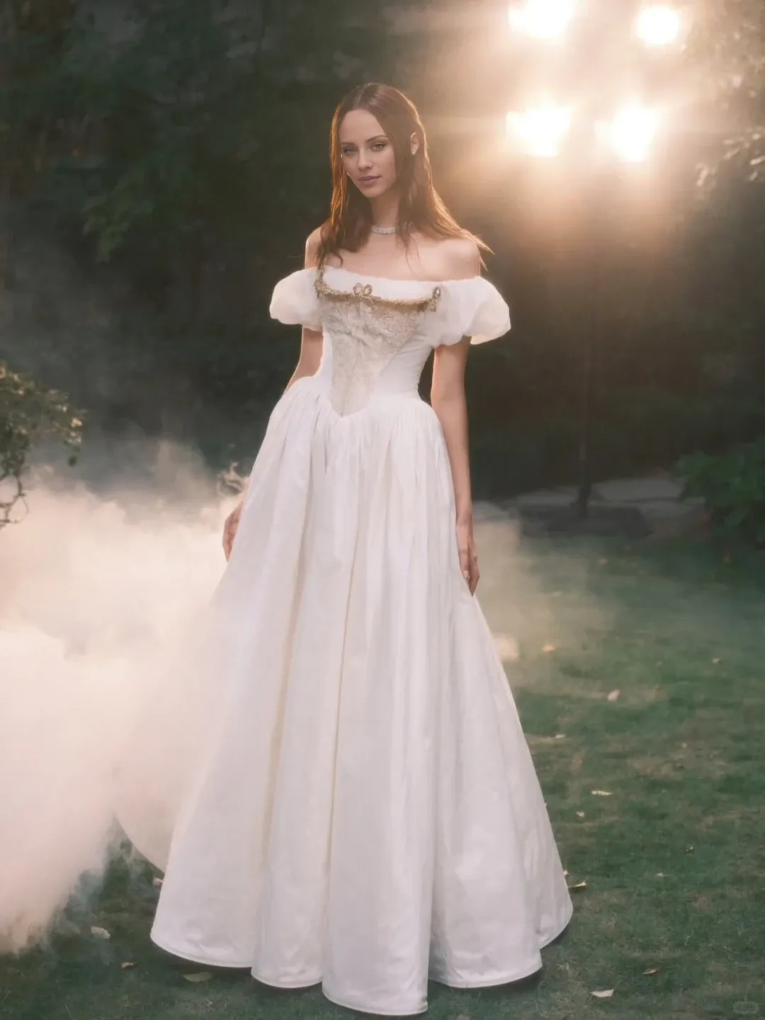 Princess A Line Puff White Appliques Satin Off-the-shoulder Long Back strap Floor length Prom Dress Cocktail Dress Homecoming Dress Evening Dress Party Dress