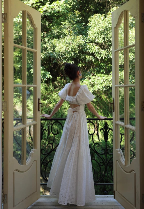 Princess A Line Puff White Short Sleeves  Off-the-shoulder Lace Floor length Prom Dress Cocktail Dress Homecoming Dress Evening Dress Party Dress